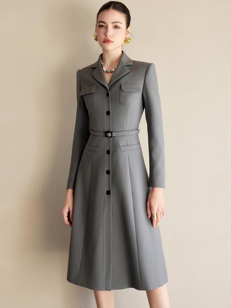 Damen High-End Graues A-Linien Anzugkleid - Frühling Formell, Professionell, Taillenverschmälernd, Elegant