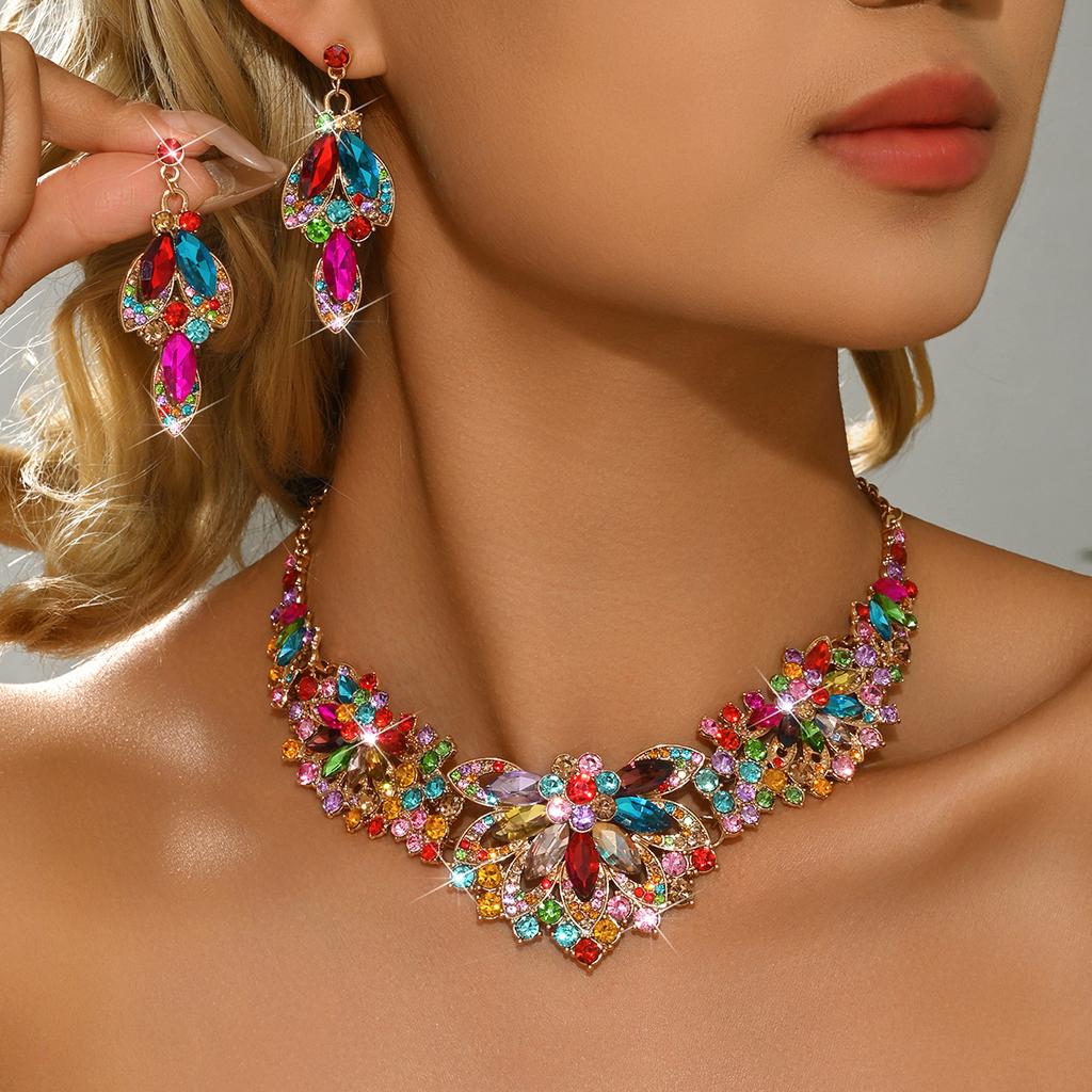 Diamond Inlaid High-end Alloy Multi-color Necklace Earrings Suitable for Women's Vacation Travel Eye-catching Accessories