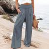 Women Pants Pleated Elastic Waist Straight Wide Leg Long Trousers with Pockets Pure Color Loose Fit Summer Lounge Pants