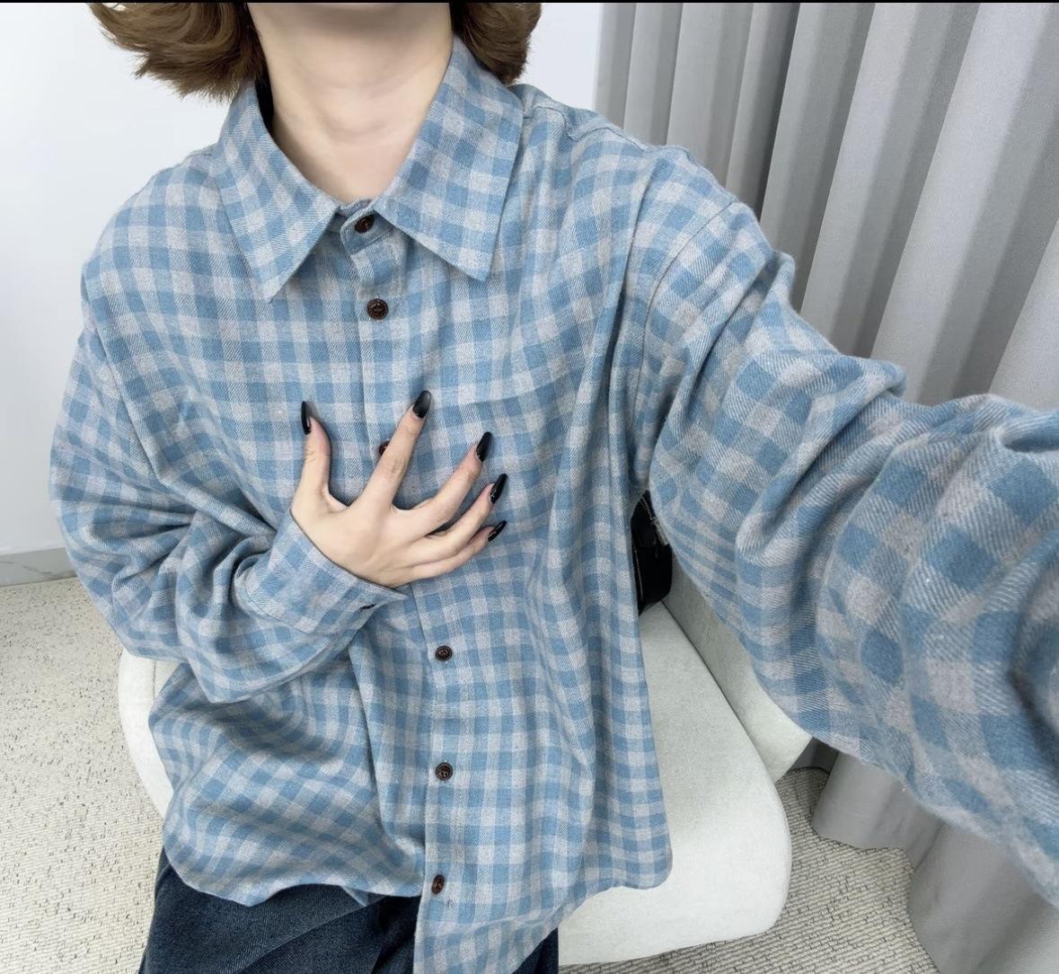 

Women s Winter Retro Plaid Blue Cotton Shirt - Casual Fashion Layering Jacket with High-End Feel S (for 80-95 jin) синий