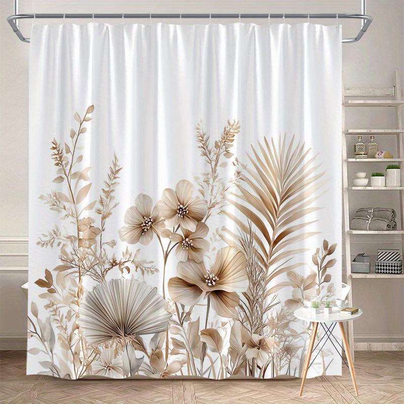

1 Tan botanical digital illustration shower curtain, vintage style design with delicate leaves, with hooks, machine washable 90X180cm