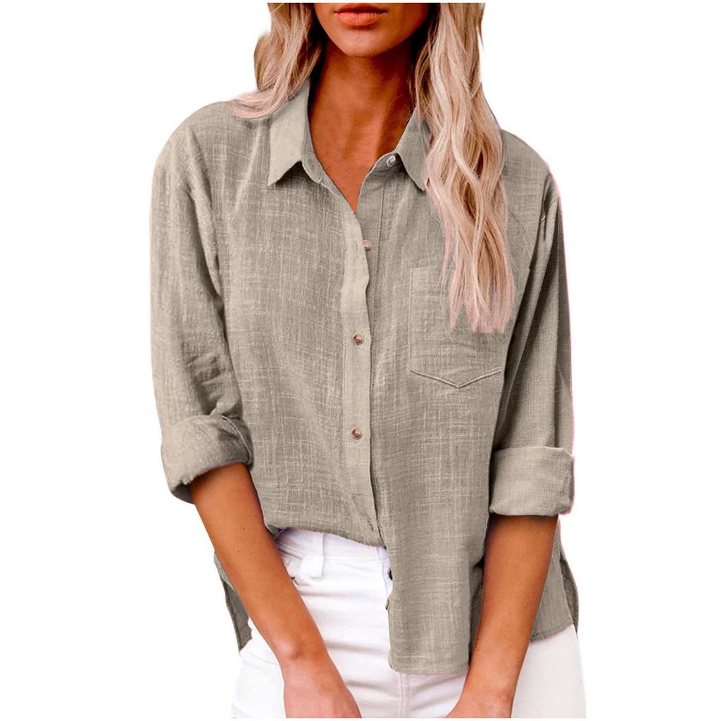 Autumn 2025 Women's Loose Fit Button-Up Cotton Linen Long Sleeve Top with Plain Color and Lapel