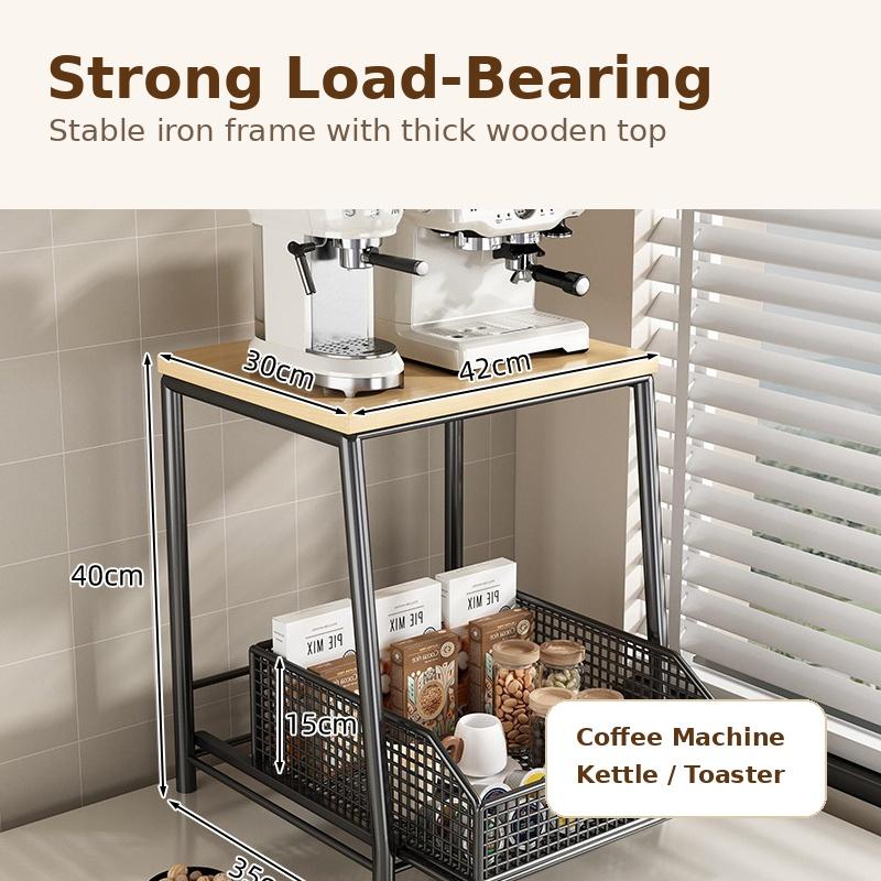 Estante de Almacenamiento para Cafetera Cajón Extraíble Organizador Estante de Encimera de Hierro y Madera para Bolsitas de Té Cápsulas de Café Tazas Snacks Cocina