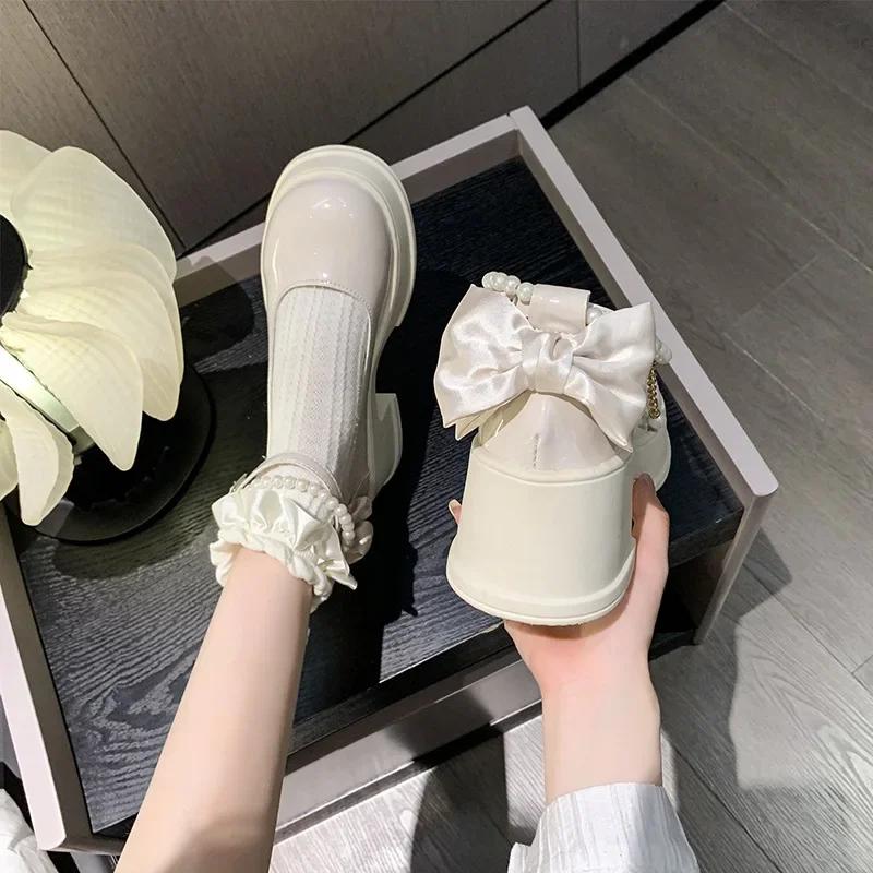 Mode Frühling/Sommer High Heels Schuhe Lolita Röcke Schleife Perlenschnallen Mary Jane Damenschuhe Bankett Casual für Frauen 2025