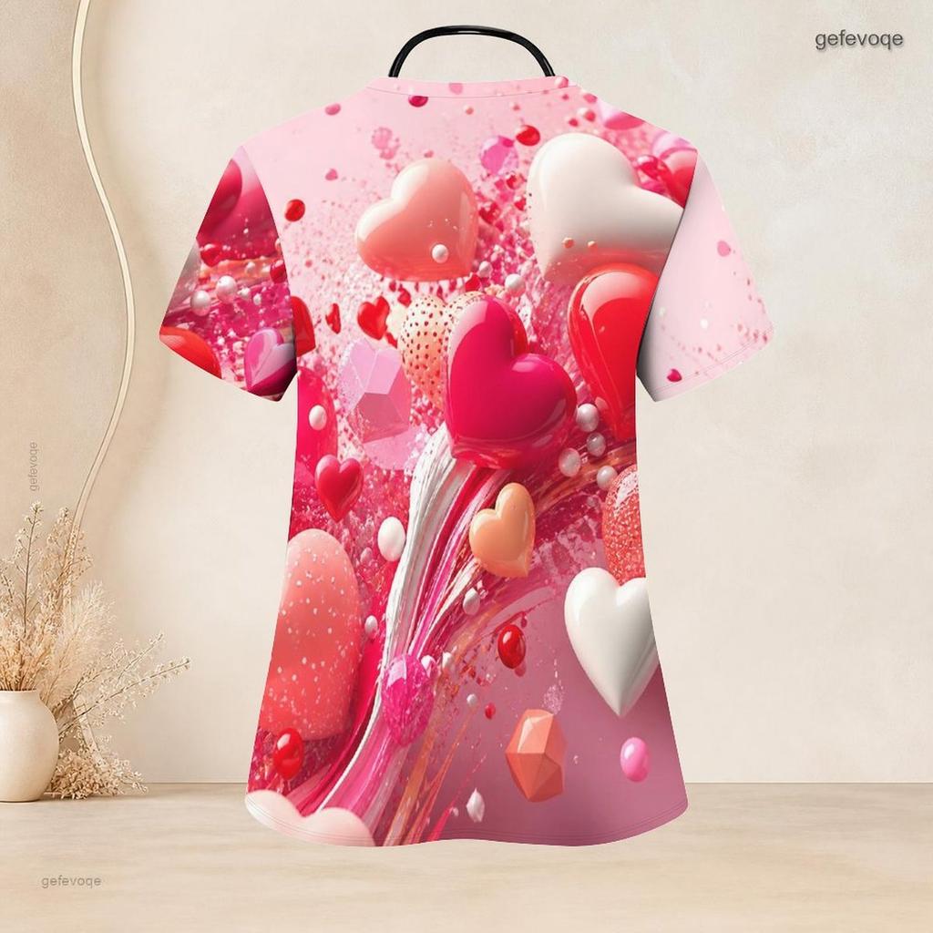 Women Plus Size V Neck Short Sleeve Scrub Top Pink Watercolor Heart Valentine Print Nurse Uniform Top