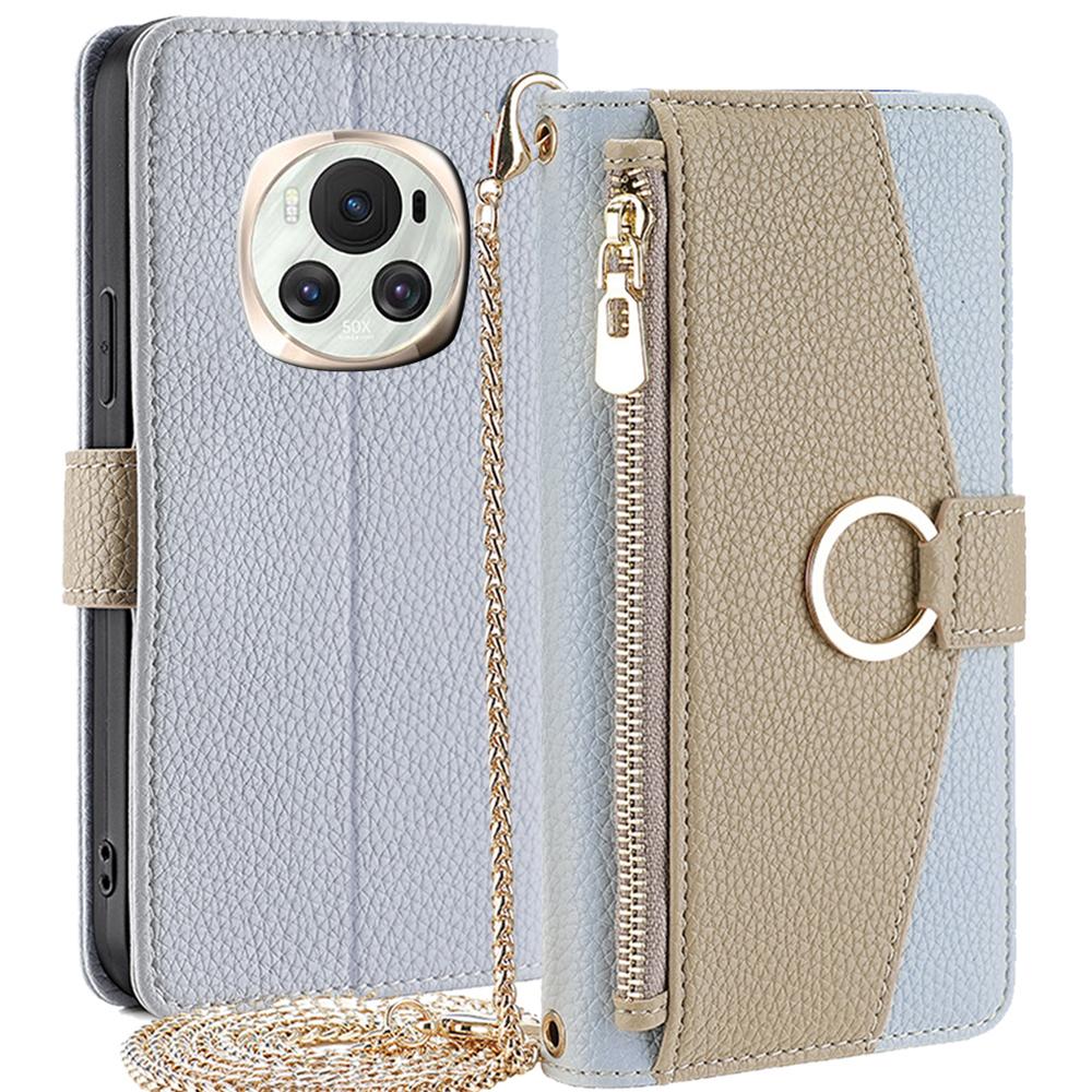 For Honor Magic6 5G Makeup Mirror Zipper Pocket Phone Cover Leather Case with Shoulder Strap