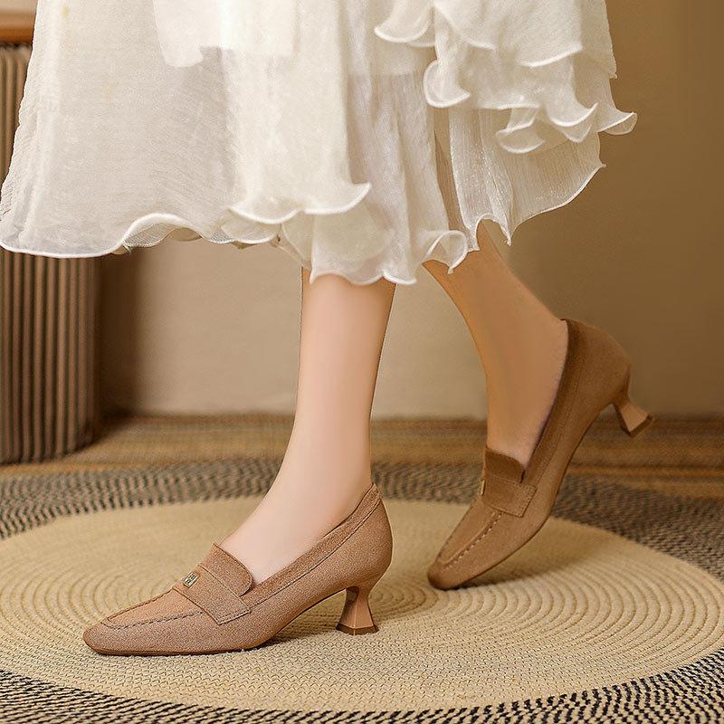 Black square head high heels thin heel 2025 new autumn and winter retro French single shoes medium heel British style women's shoes