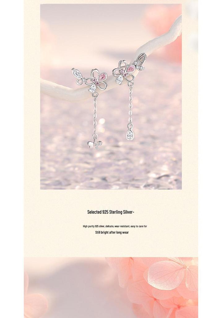Elegant S925 Sterling Silver Cherry Blossom Butterfly Dangle Earrings for Women - Delicate Long Tassel Flower Design.