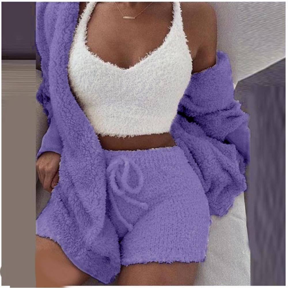 Women's Loose Fit Three Piece Loungewear Long Sleeve Fuzzy Cardigan V Neck Tank Drawstring Waist Shorts Winter Solid Tracksuit