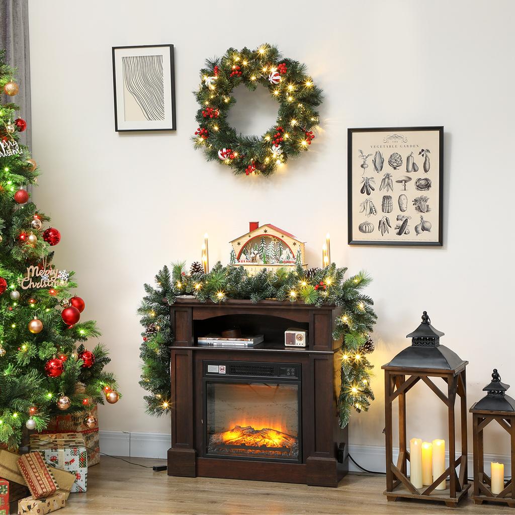 Christmas Garland 180 Cm with Snow-Covered Branches and 30 White Lights, Pine Cones and Berries for Indoors
