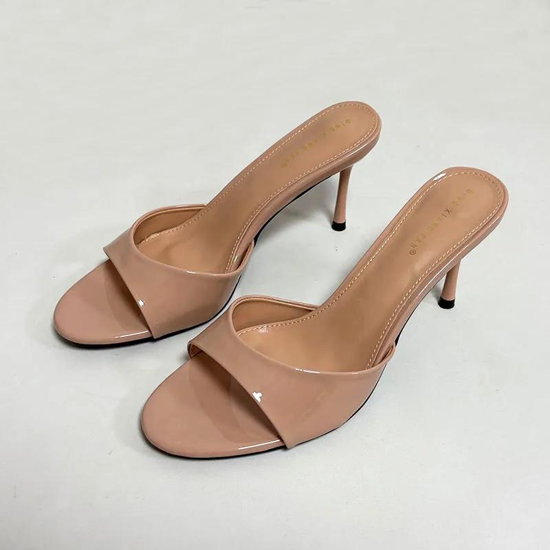Fashion Elegant Thin High Heel Women Slippers Sexy Peep Toe Slides Sandals Patent Leather Wedge Heeled Sandals Summer Party Dress Shoe