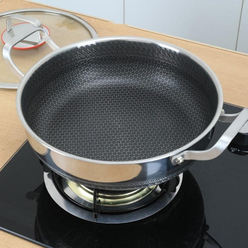 Double Ear Frying Pan Stainless Steel Stew Pot Pancake Baking Tray with Lid Induction Cooker Gas Stove Universal Non-stick Pot