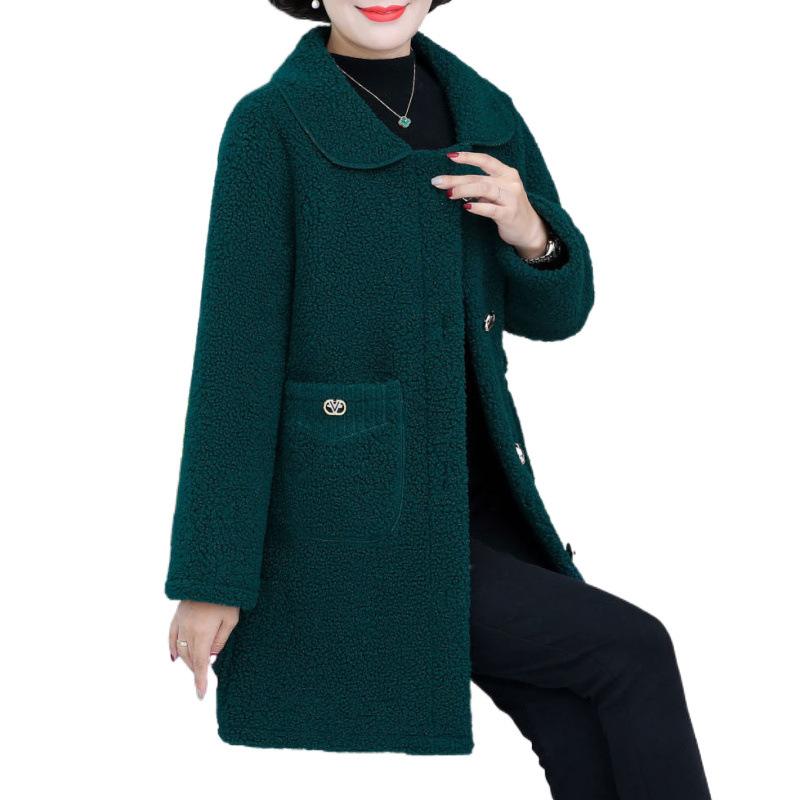 Mom Lamb Wool Jacket Winter Women's Plush Integrated Medium and Long Imitation Leather Plush Thickened Top Granular Plush