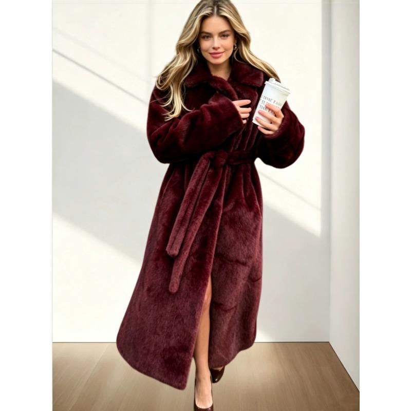 Women's clothing belt thickened warm fluffy jacket environmentally friendly mink fur imitation fur artificial fur extended coat