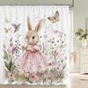 Cute Rabbit Cheerful Shower Curtain, Green Fresh Floral Spring Bathroom Decorative Shower Curtain, Waterproof Shower Curtain
