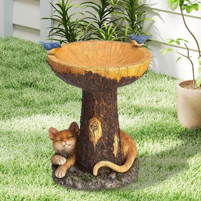 Garden Bird Bath Bowl Outdoor Raccoon/Sunflower/Cat/Owl Statue Resin Tree Stump Bird Feeder Fountains for Backyard Patio Lawn Decor