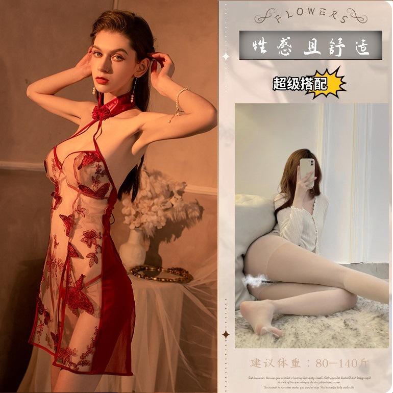 Sex lingerie butterfly embroidered pajamas sexy retro cheongsam wind uniform temptation plus size women's suit