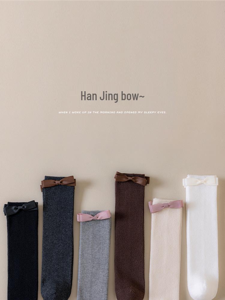 Dziewczęce skarpetki do kolan z kokardkami - Styl koreański na wiosnę/jesień, bawełniane, design księżniczki