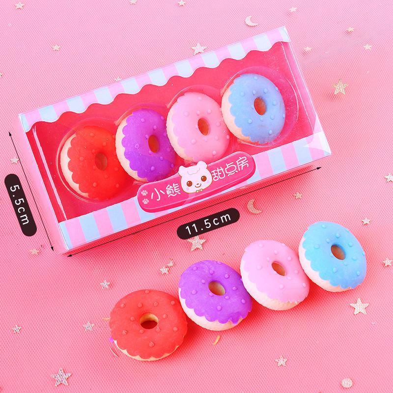 4 Stück pro Set Niedlicher Donut Dessert Radiergummi Simulations-Dessertform Dreidimensional Abnehmbar Schüler Lernschreibwaren