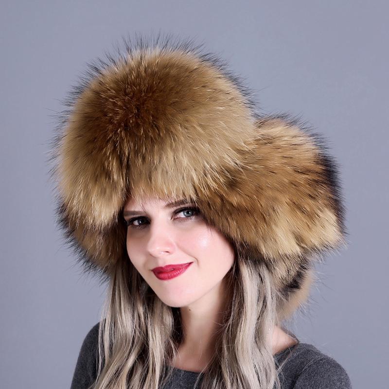 100% Real Fox Fur Hat Women's Russia Pilot Catcher Ski Cap Cap Ear flap winter raccoon fur pilot cap