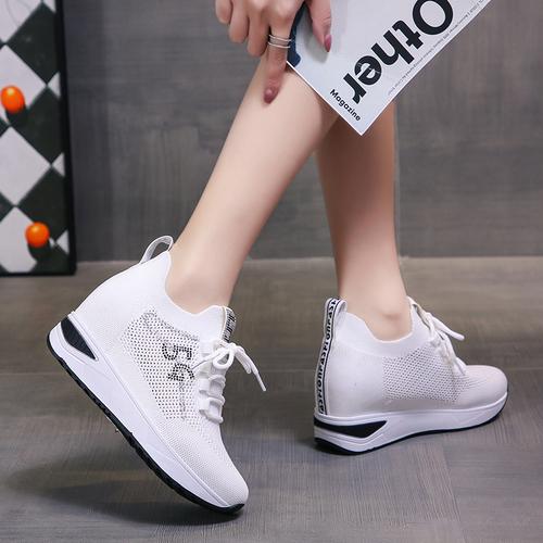 

Модные новые женские летние сетчатые кроссовки на платформе, белые туфли на высоком каблуке 7,5 см, обувь для улицы на танкетке, дышащая повседневная обувь для женщин 40 белый