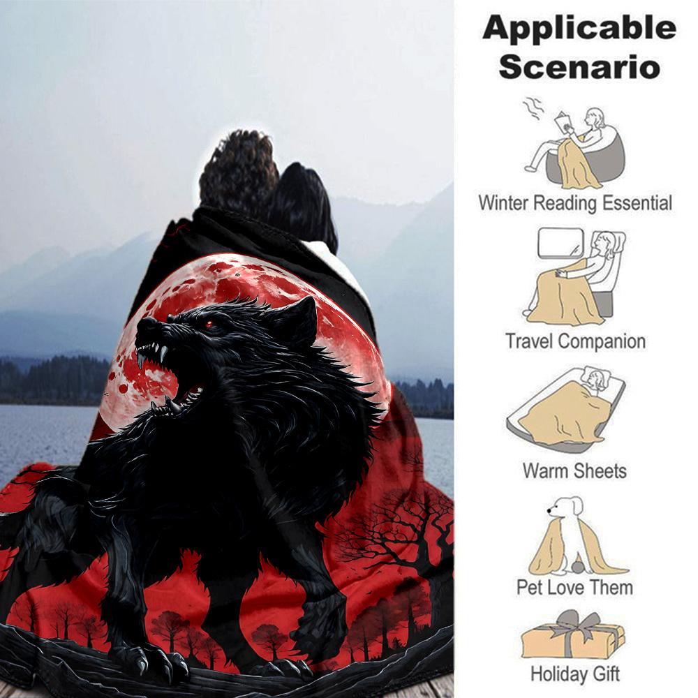1pc Wolf Howling Moon Soft Warm Throw Blanket Nap Blanket For Couch Sofa Office Bed Camping Travel,Comfortable