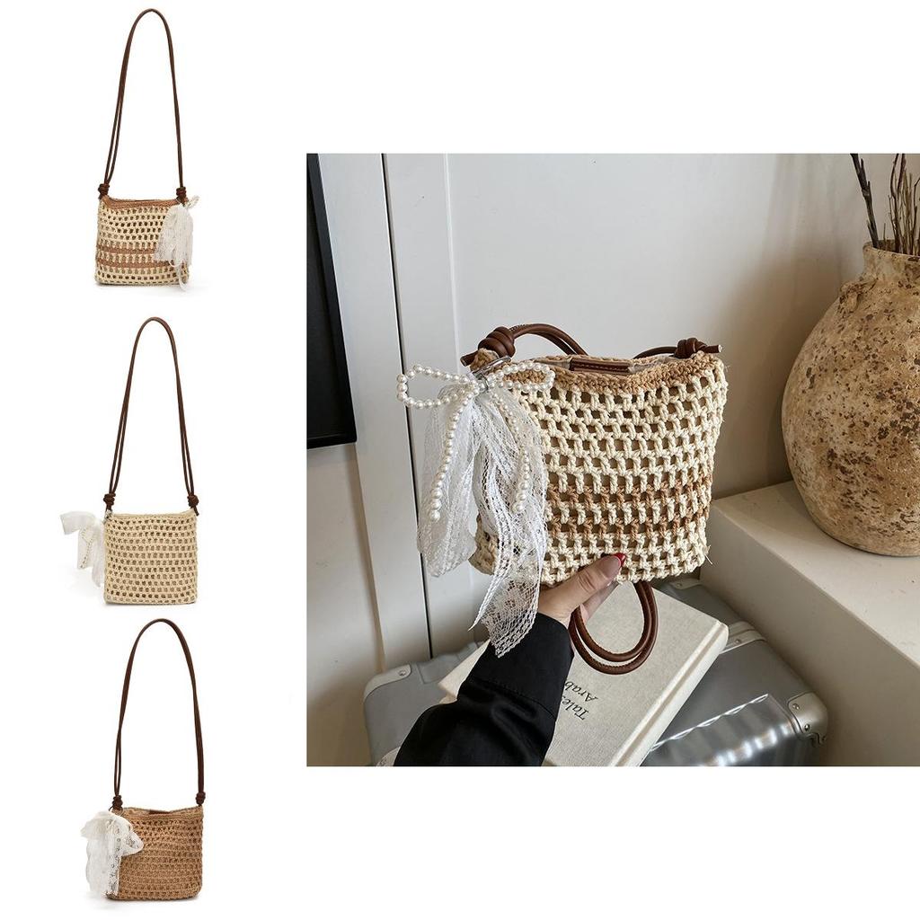 Simple Solid Color Woven Women Casual Shoulder Crossbody Bag With Pendant For Casual Beach Vacation And Daily Use