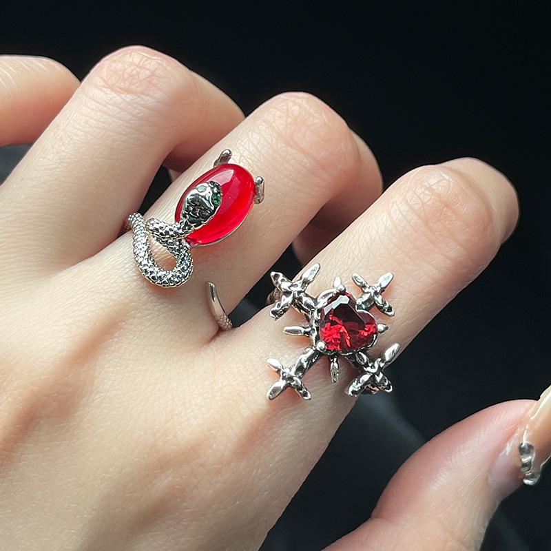 Cross Thorn Snake Open Ring Jewelry Personality Retro Punk Niche Design Stacked Red Index Finger Ring