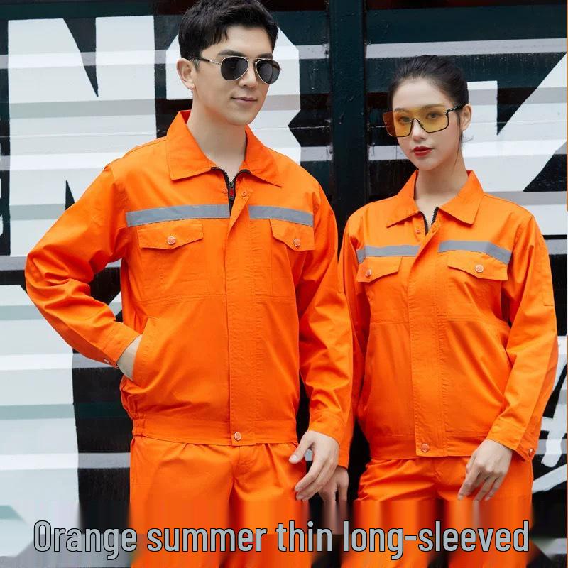 Summer Lightweight Polyester Cotton Reflective Workwear Set - Long Sleeve Protective Clothing for Construction and Workshop Use.