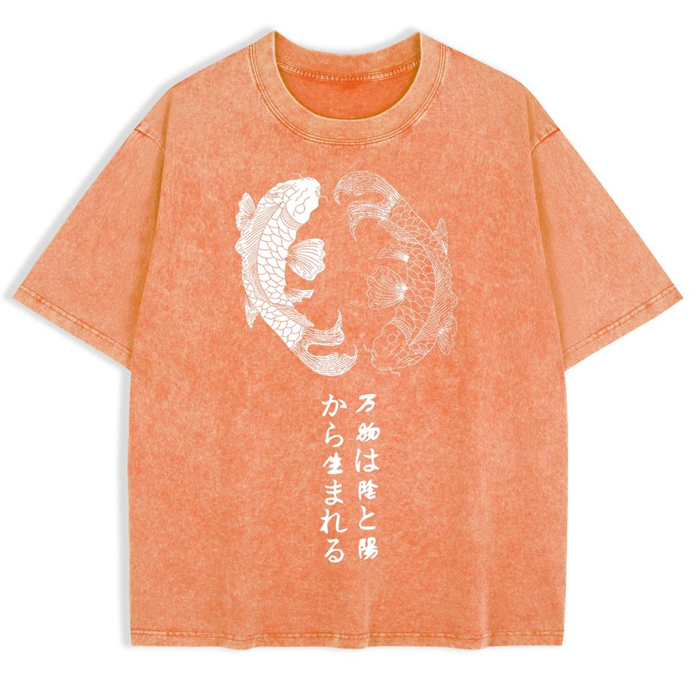 Japanese Koi Harajuku Printed Washed T-Shirts Mens Cotton Short Sleeve Tops Casual O-Neck Oversize T Shirt Soft Clothes