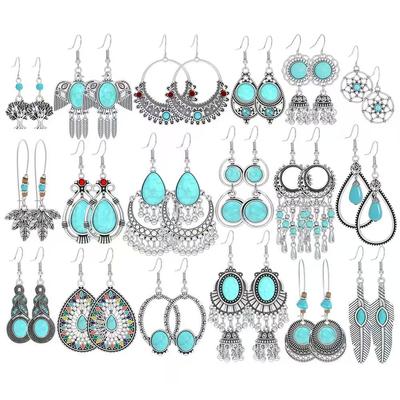 Boho Antiksilber Hängeohrringe für Damen Türkis Design Quastenohrringe Ethnischer Stil Arbeit Alltagskleidung Geschenke Vielseitig
