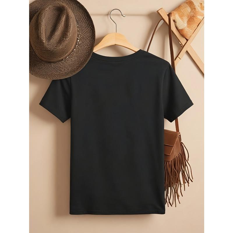 European Size Womens Boots Print Crew Neck T Shirt Casual Short Sleeve Top Spring Summer Wear