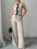 In stock, spring and summer new cross-border foreign trade European size women's contrasting color lace-up bow tie shirt beige wide-leg pants set