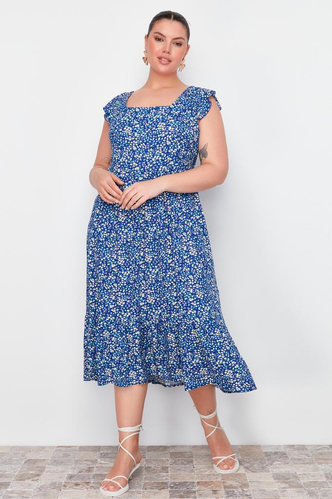 Women's Style Plus Size Navy Blue A-Line Midi Ruffled Floral Patterned Woven Dress