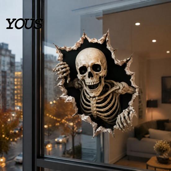 Seasonal Glass Door Stickers Halloween Break-in 3D Wall Decals, Spooky Breaking Through Walls Sticker, Illusion Reusable Props Effect Ghost