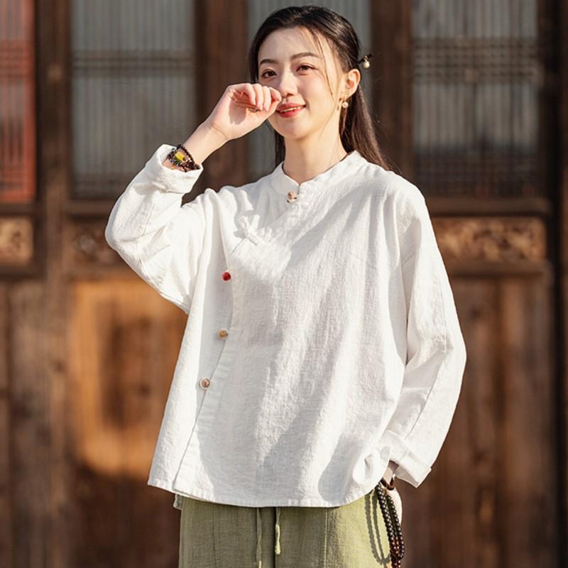 Johnature Women Vintage Shirts Tops Stand Long Sleeve Spring Blouses Button Solid Color Chinese Style Shirts