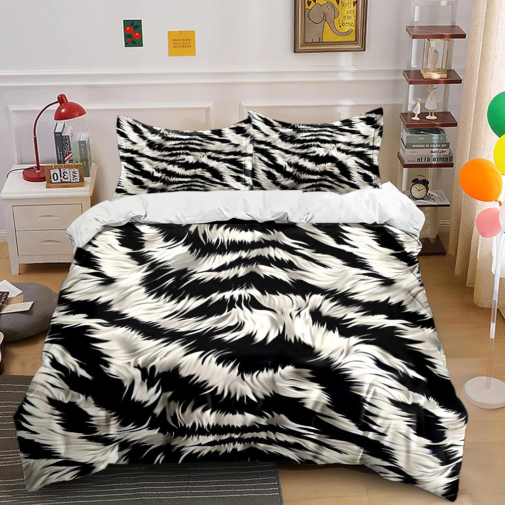 Black white abstract fur pattern Bedding Set for Kids Luxury Gift 3pcs Digital Print Comforter Set Soft Comfortable Breathable