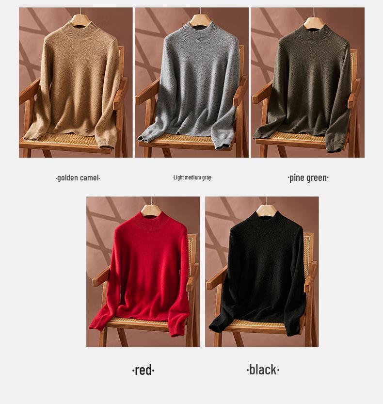 Women's Thickened Warm Cashmere Half-High Collar Sweater - Autumn/Winter 2024 Plain Knit Slim-Fit