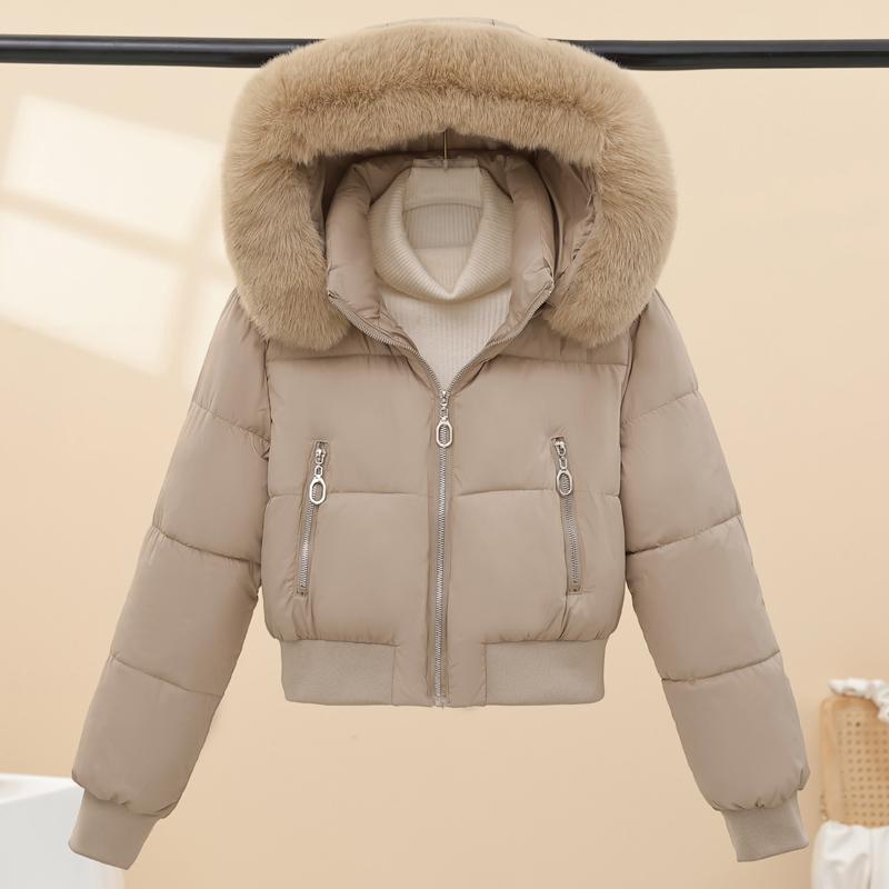 Mode Winter Damenmäntel Kapuze Kunstfellkragen Dick Warm Kurze Parkas Locker Damenjacken