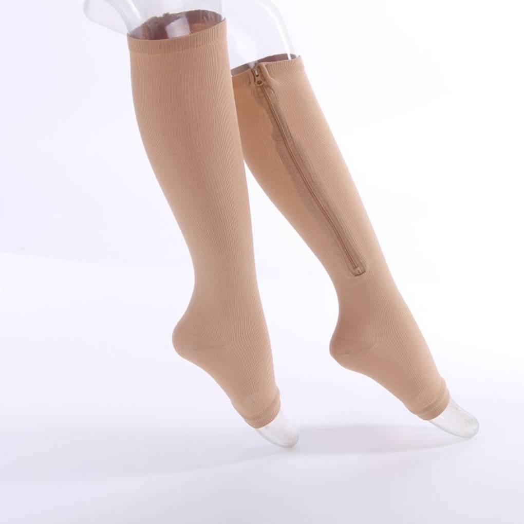 Fashion Nylon Zipper Compression Sock Leg Knee Support Open Toe Preventing Varicose Veins Stretch Socks