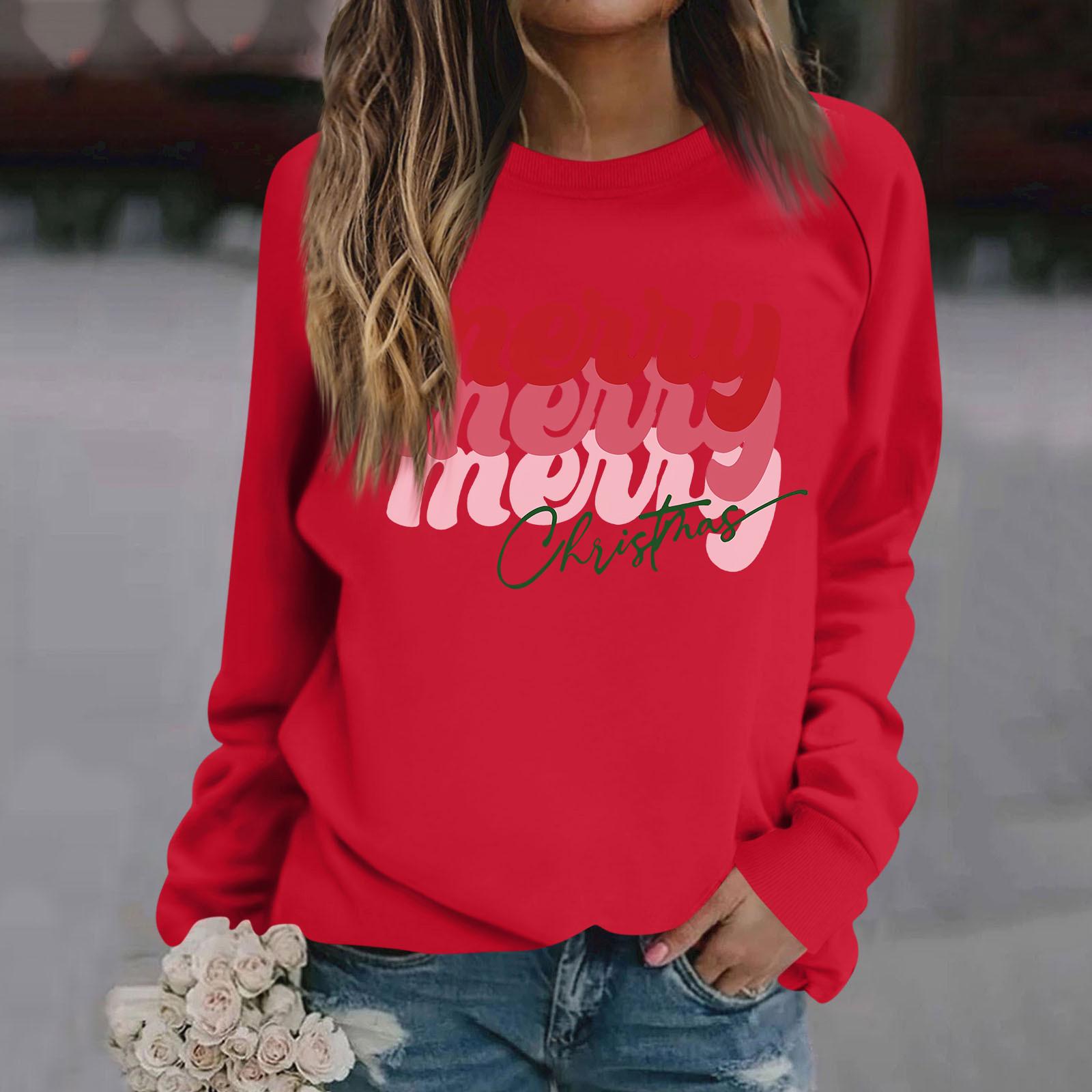 

Жіноча футболка, вільний, модний і повсякденний різдвяний принт, світшот з круглим вирізом і довгими рукавами XL червоний