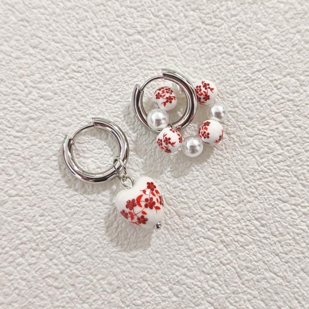 Stainless Steel Dangle Earrings Heart Pearls Dangle Earrings Asymmetric Earrings  Women Silver-Red