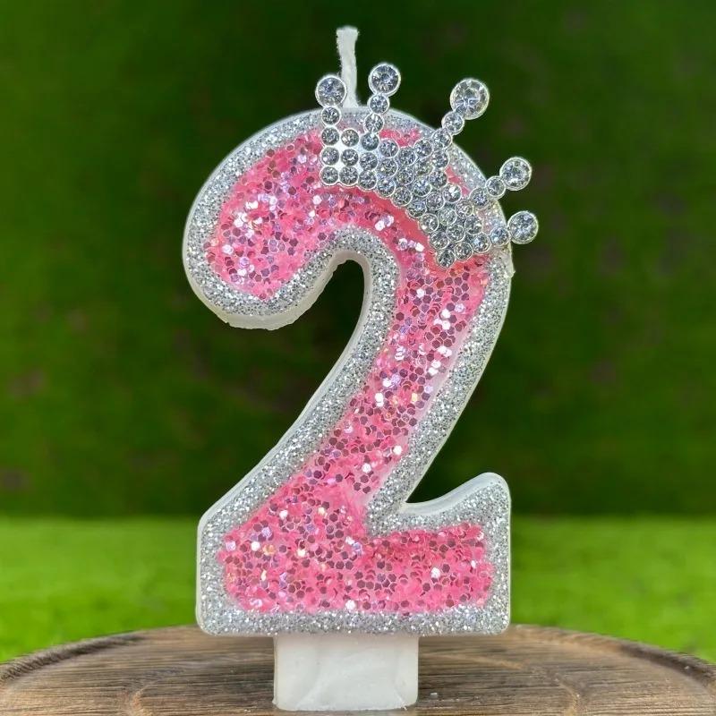 New Handicraft Creative 0-9 Pink Number Crown Birthday Candle With Drip-Prevention Tray Party Anniversary Cake Decoration