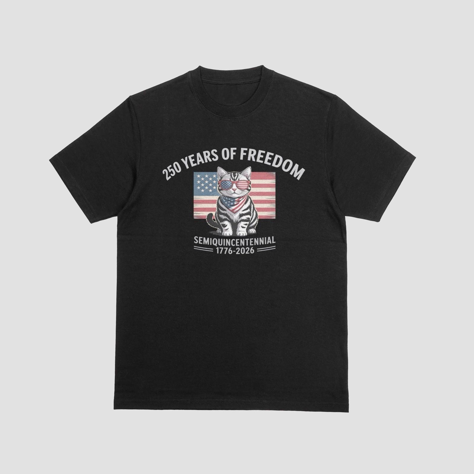 250 Years of Freedom Cat T-Shirt Patriotic USA 1776-2026 Funny 4th July XL