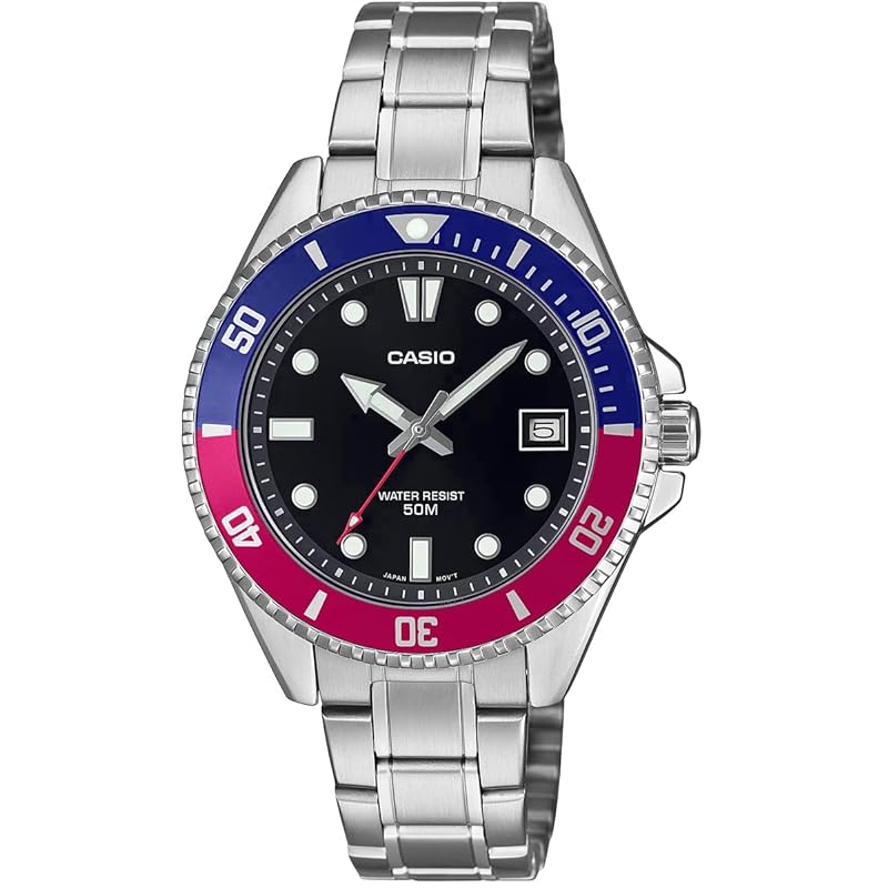 

[Casio] CASIO standard analog watch MDV-10D-1A3V boys ladies girls Blue x red bezel metal band overseas model [product]