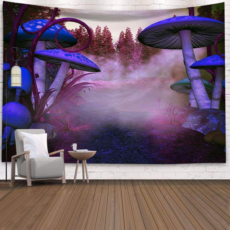 Mushroom Forest Tapestry, Peach Skin Velvet Background Fabric, Polyester Digital Printing Wall Carpet, Room Decoration Hanging Fabric