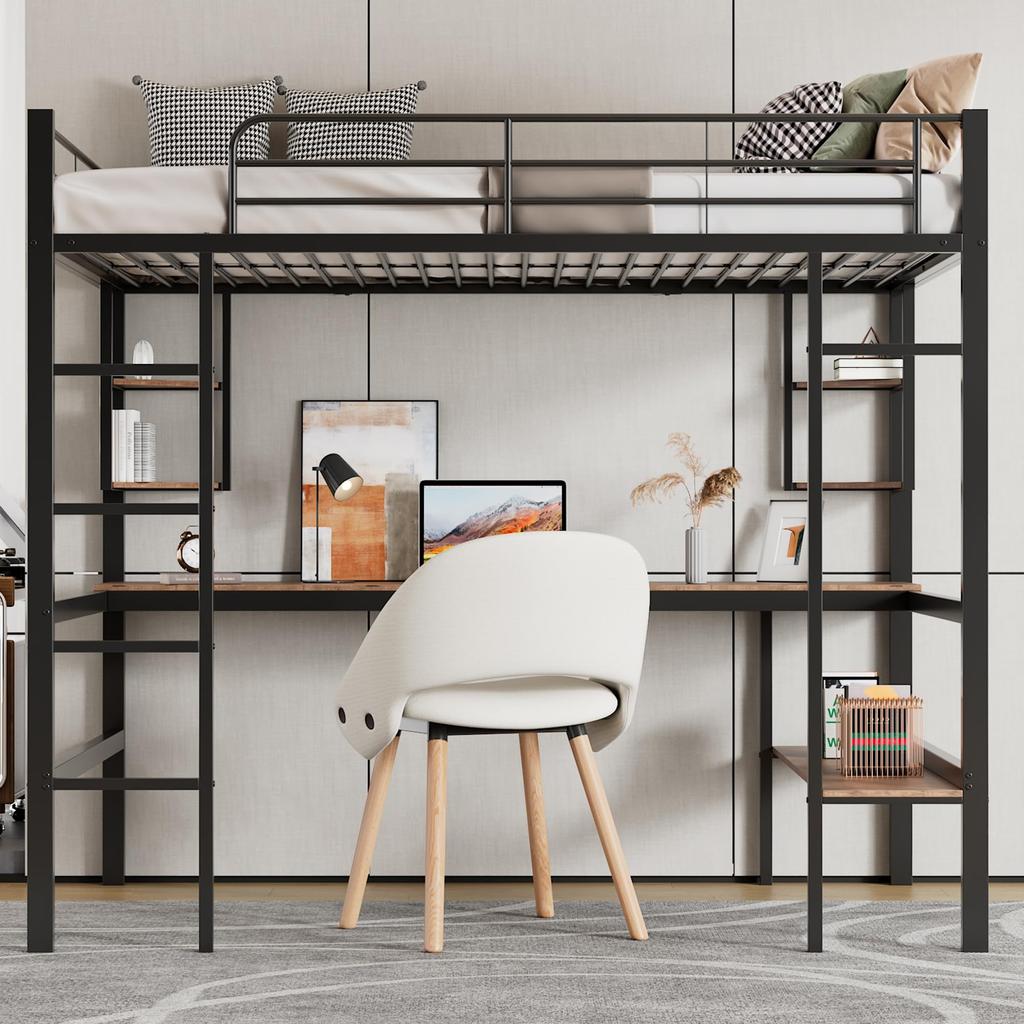 Bunk Bed 90x200 Cm Black, Iron Bed Desk, 4 Small Shelves, Large Bookcase, Safety Ladder, for Children's Room/adults