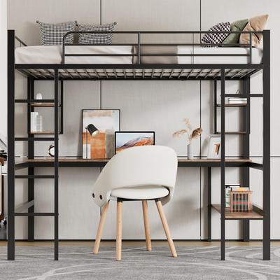Bunk Bed 90x200 Cm Black, Iron Bed Desk, 4 Small Shelves, Large Bookcase, Safety Ladder, for Children's Room/adults