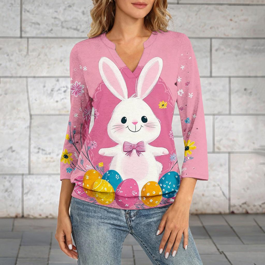 Damen 3/4 Ärmel Oberteil Saum V-Ausschnitt Sommer Freizeit T-Shirt Ostern Bedrucktes Oberteil