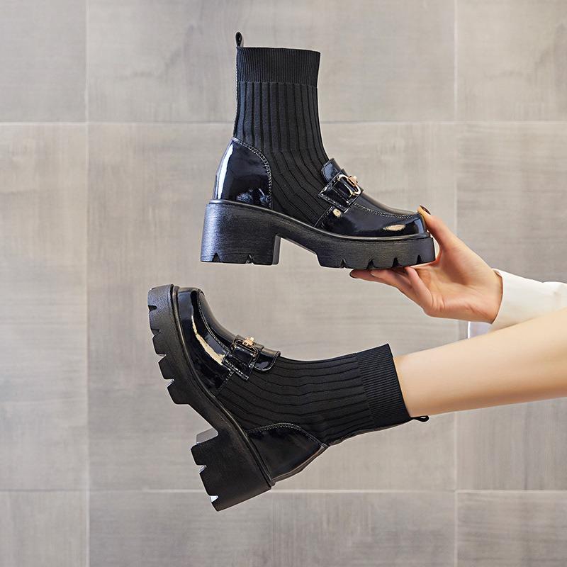 Black high-heeled short boots thick-heeled loafers boots integrated with wide-leg pants skirt shoes with socks Martin boots